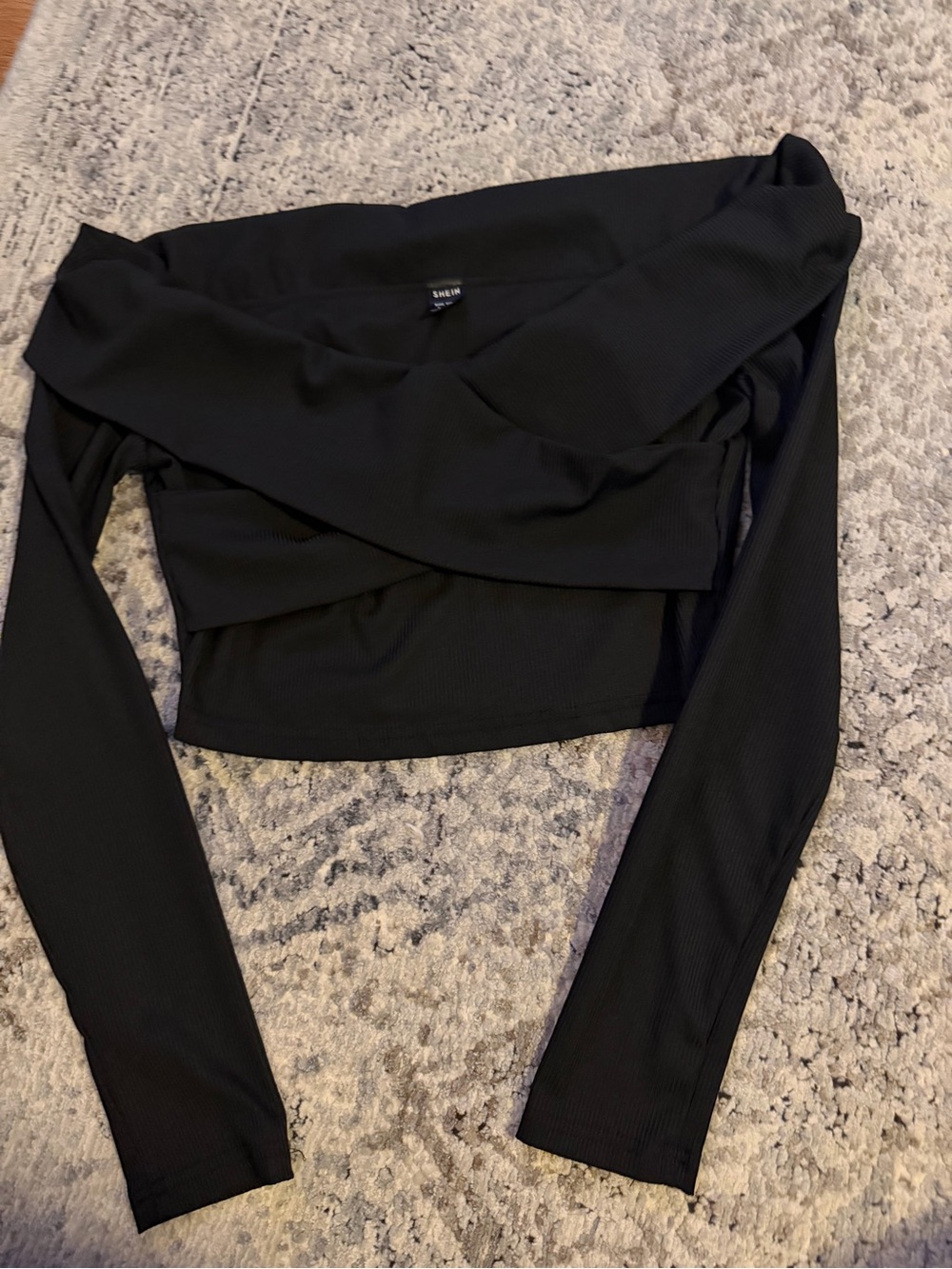 SHEIN Black Off-Shoulder Ribbed Long Sleeve Crop Top